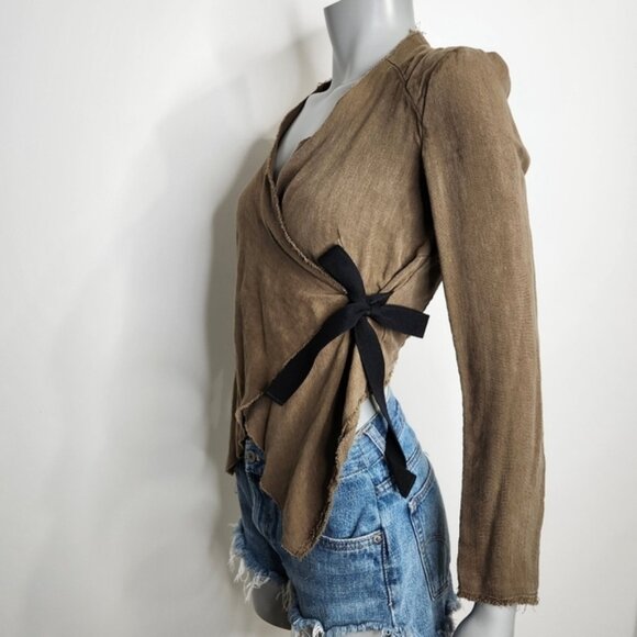 ZARA Woman Olive Green Loose Linen Jacket with Ribbon Tie Size XXS - Picture 6 of 14